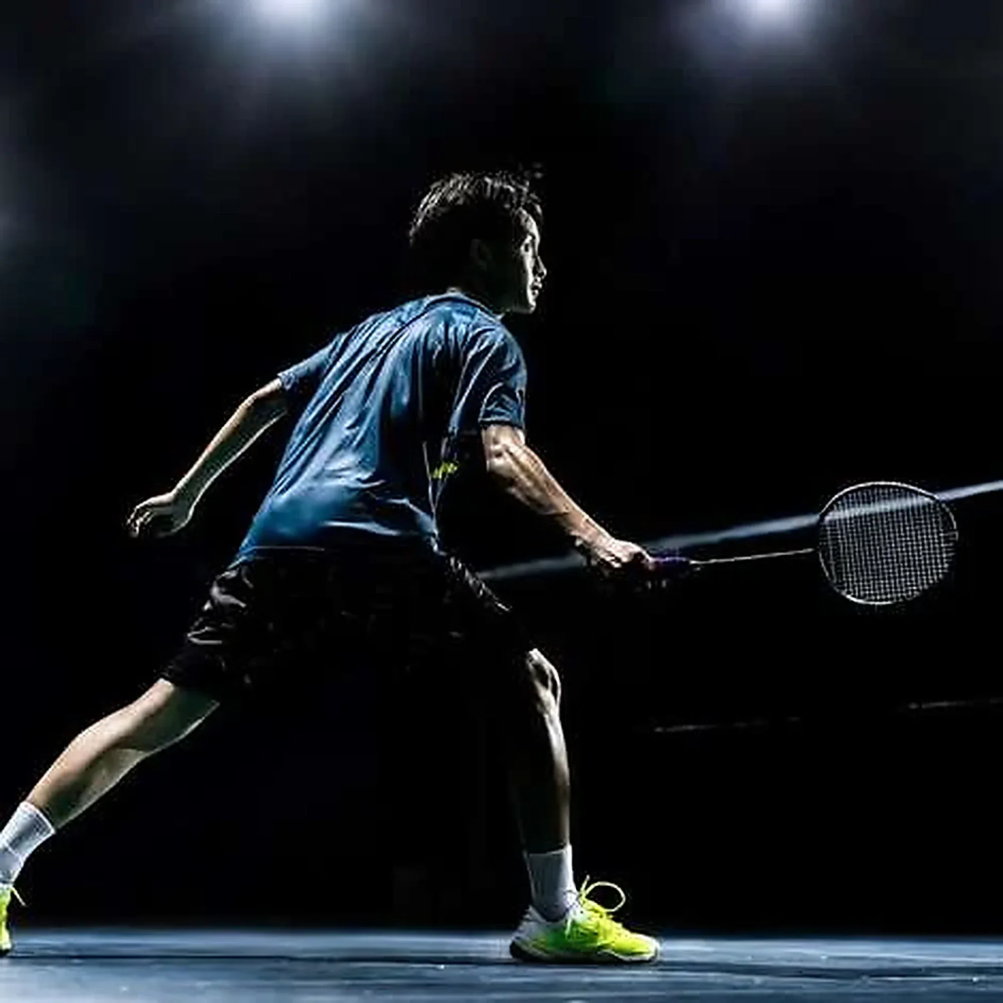 A player lunges for a smash in a dark sports hall