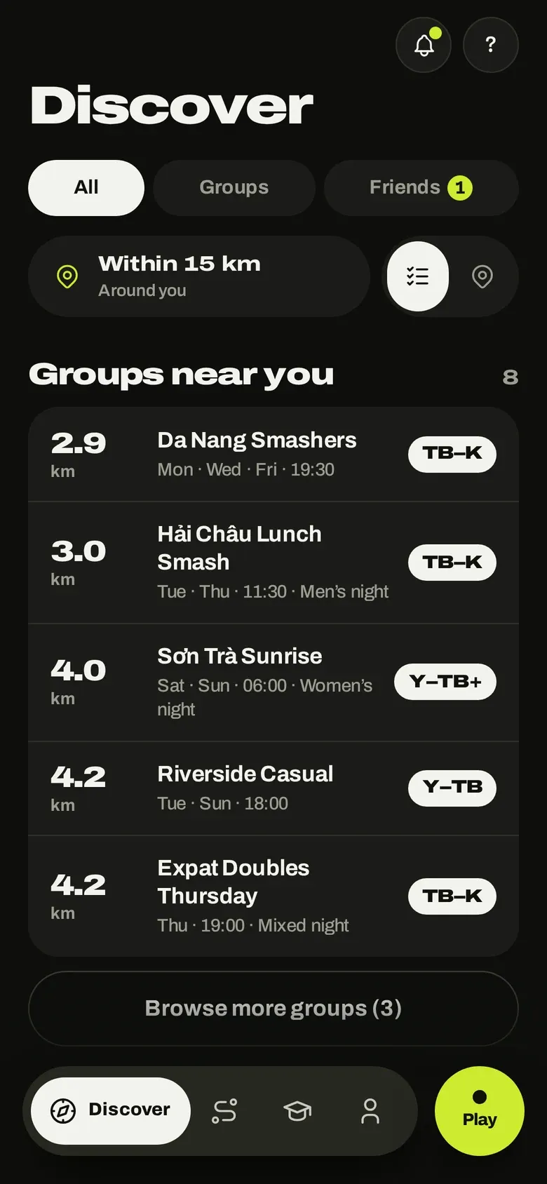 minton Discover: groups near you within 15 km with distance and level